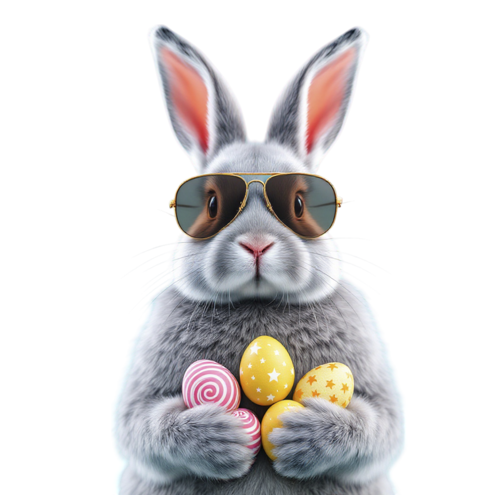 An easter bunny with sunglasses holding a bunch of colorful eggs png