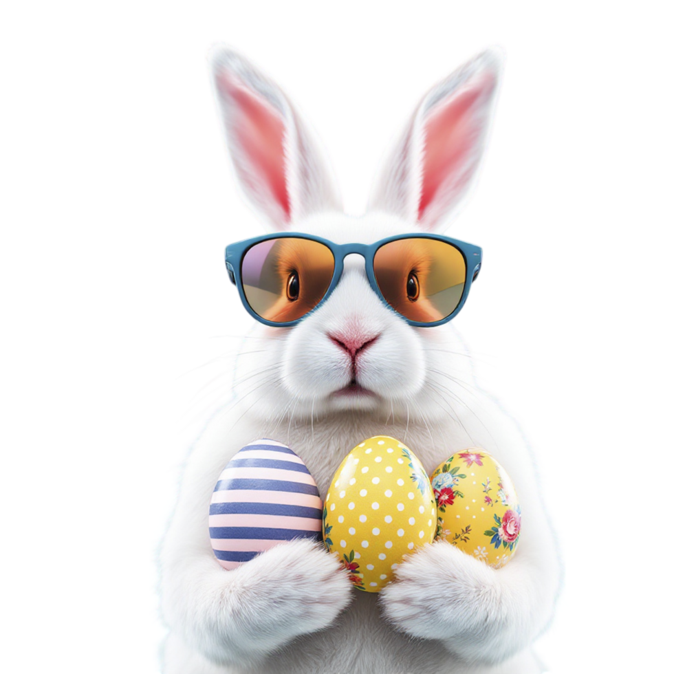 Easter bunny with sunglasses and colorful eggs png