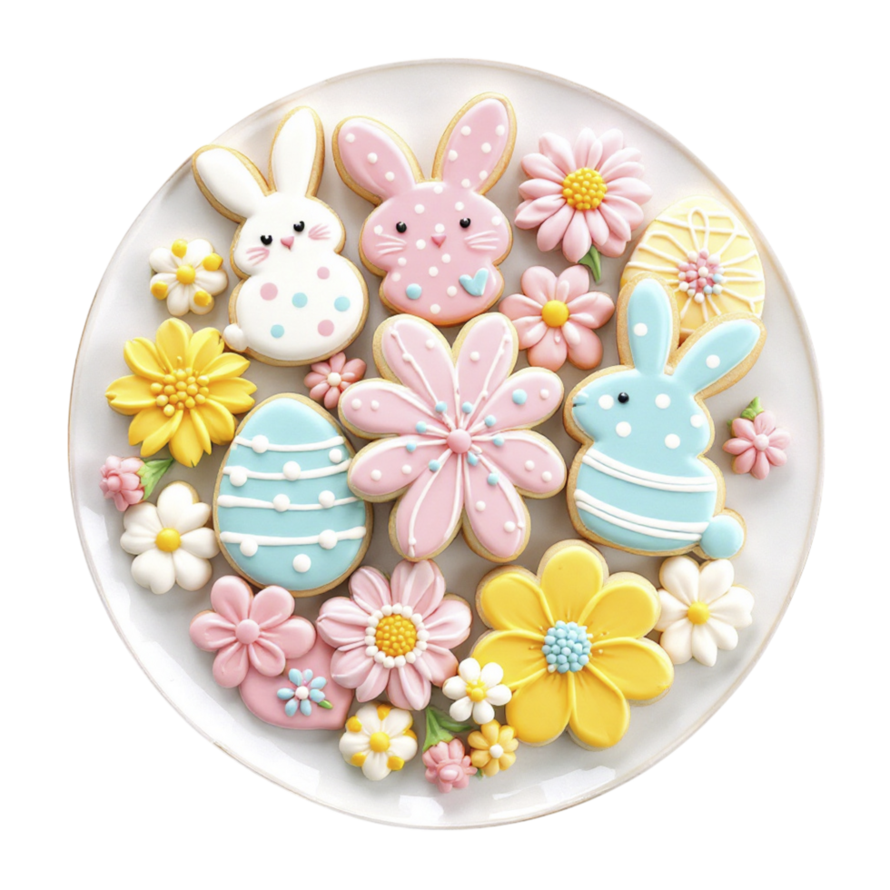 A plate of decorated cookies with bunny and flowers png