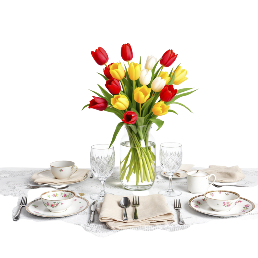 A table with a vase of tulips and a table cloth png