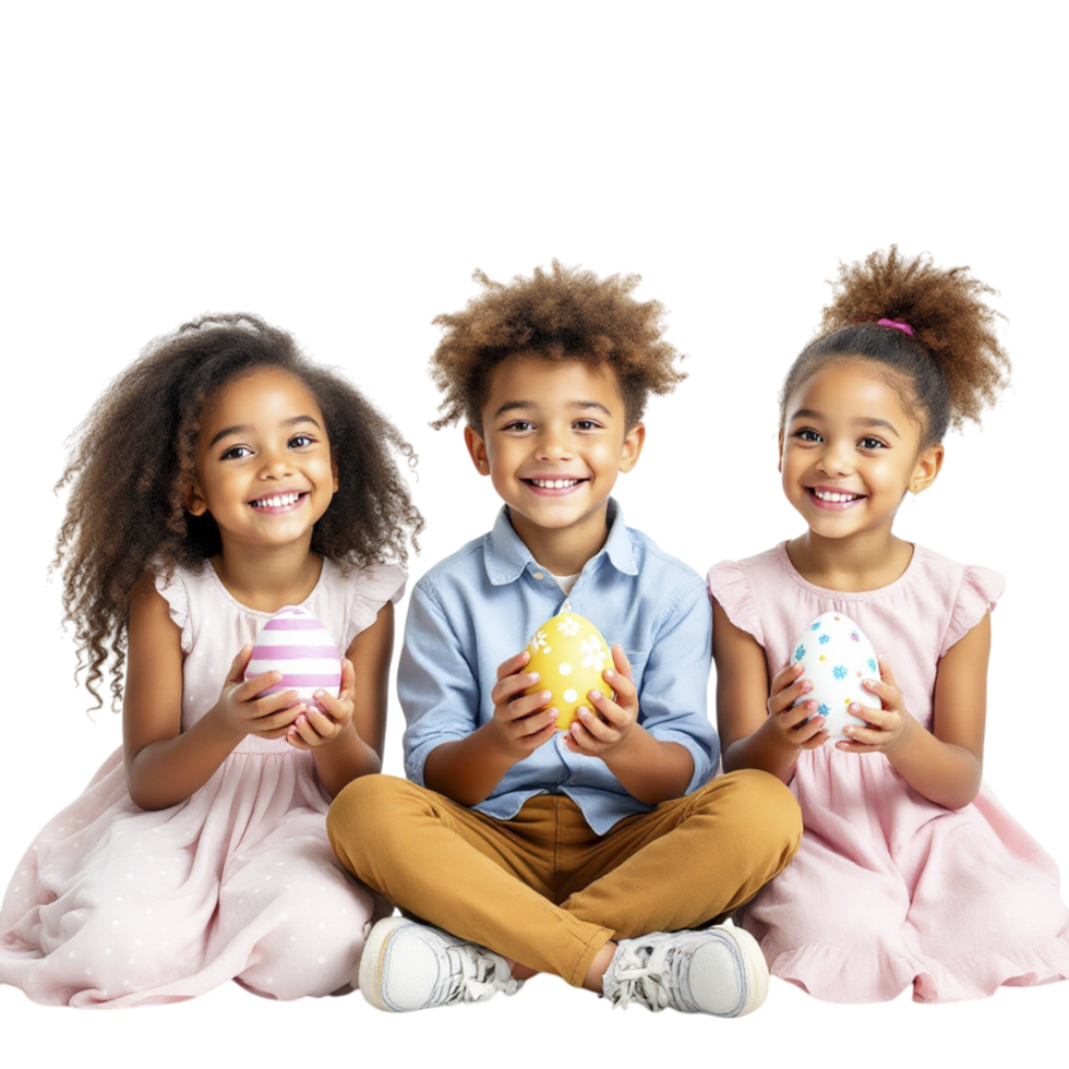 Three children sitting on the floor holding easter eggs png