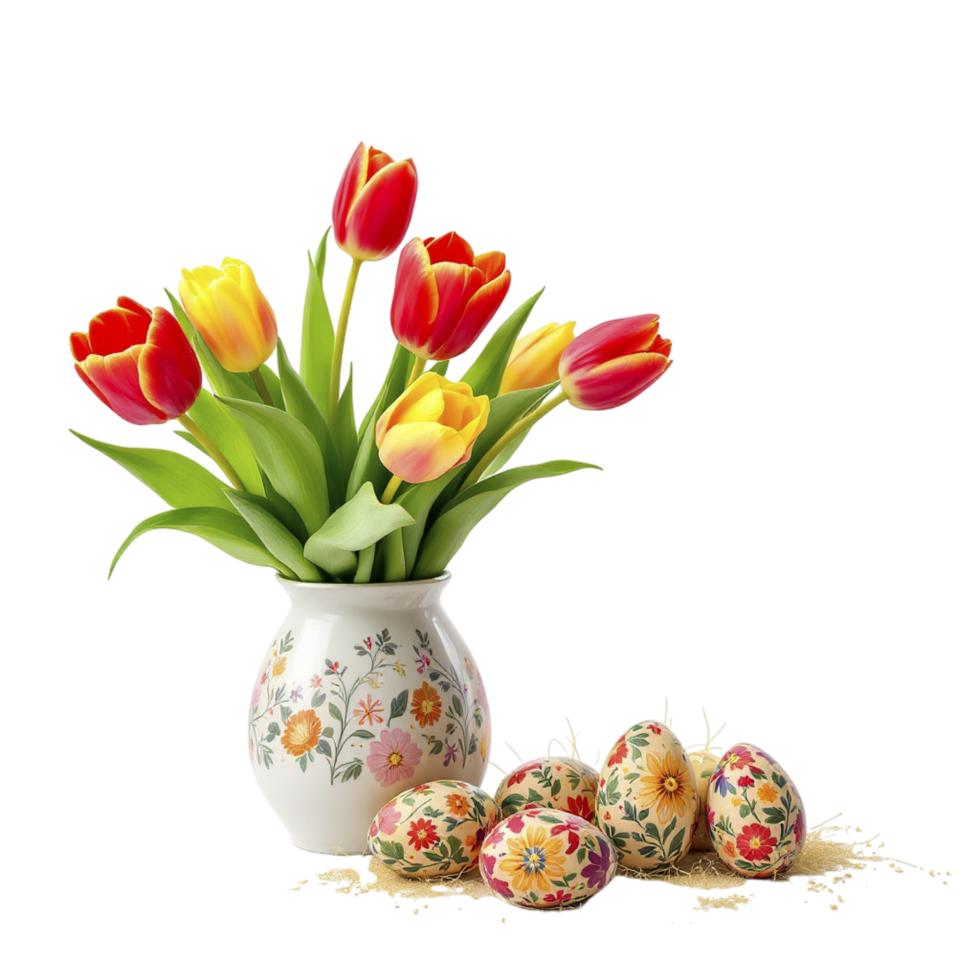 Easter flowers in a vase with eggs png