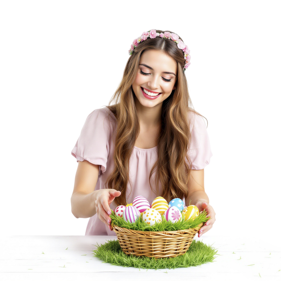 A woman is holding a basket with colorful eggs png