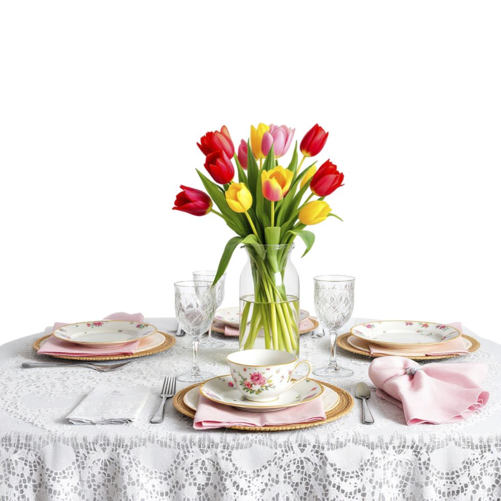 A table with a vase of flowers png