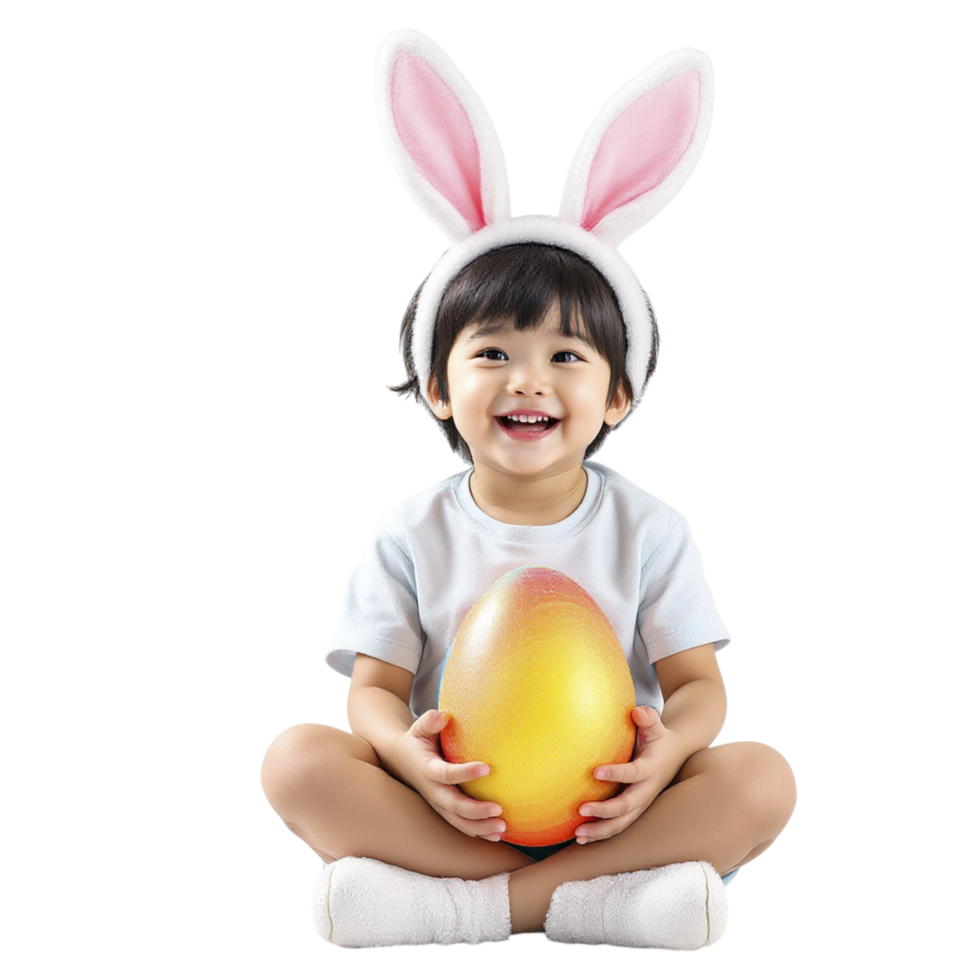 A little girl in bunny ears holding an egg png