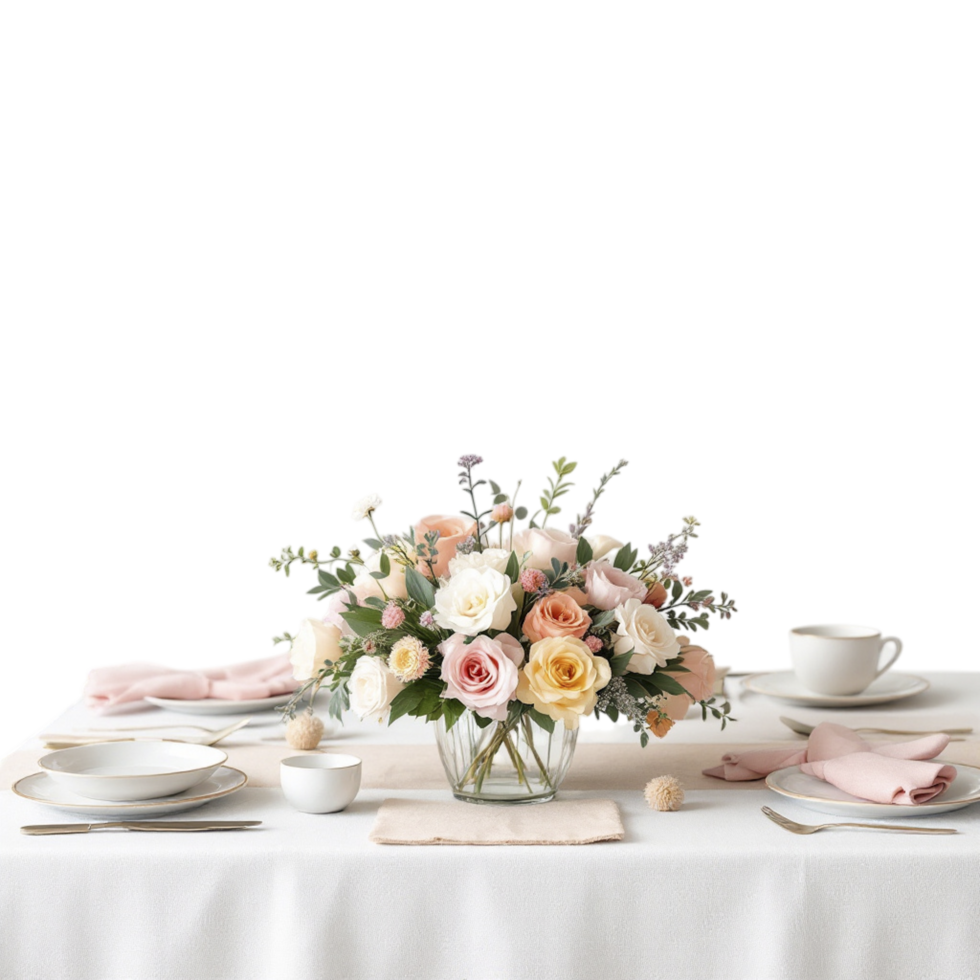 A table setting with pink and white flowers png