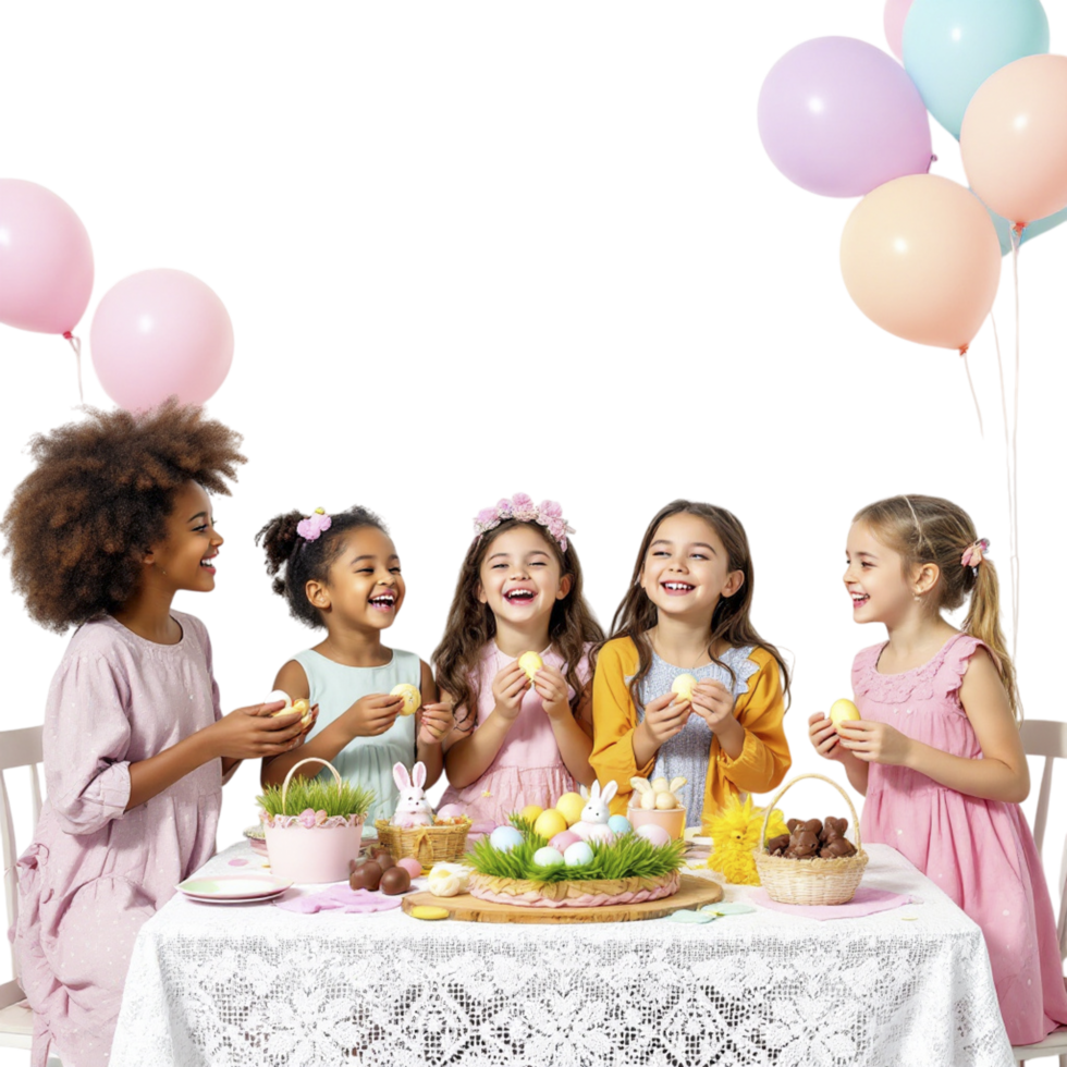 A group of children sitting around a table with balloons png