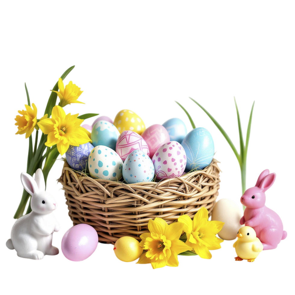 Easter eggs, daffodils and rabbits in a basket png