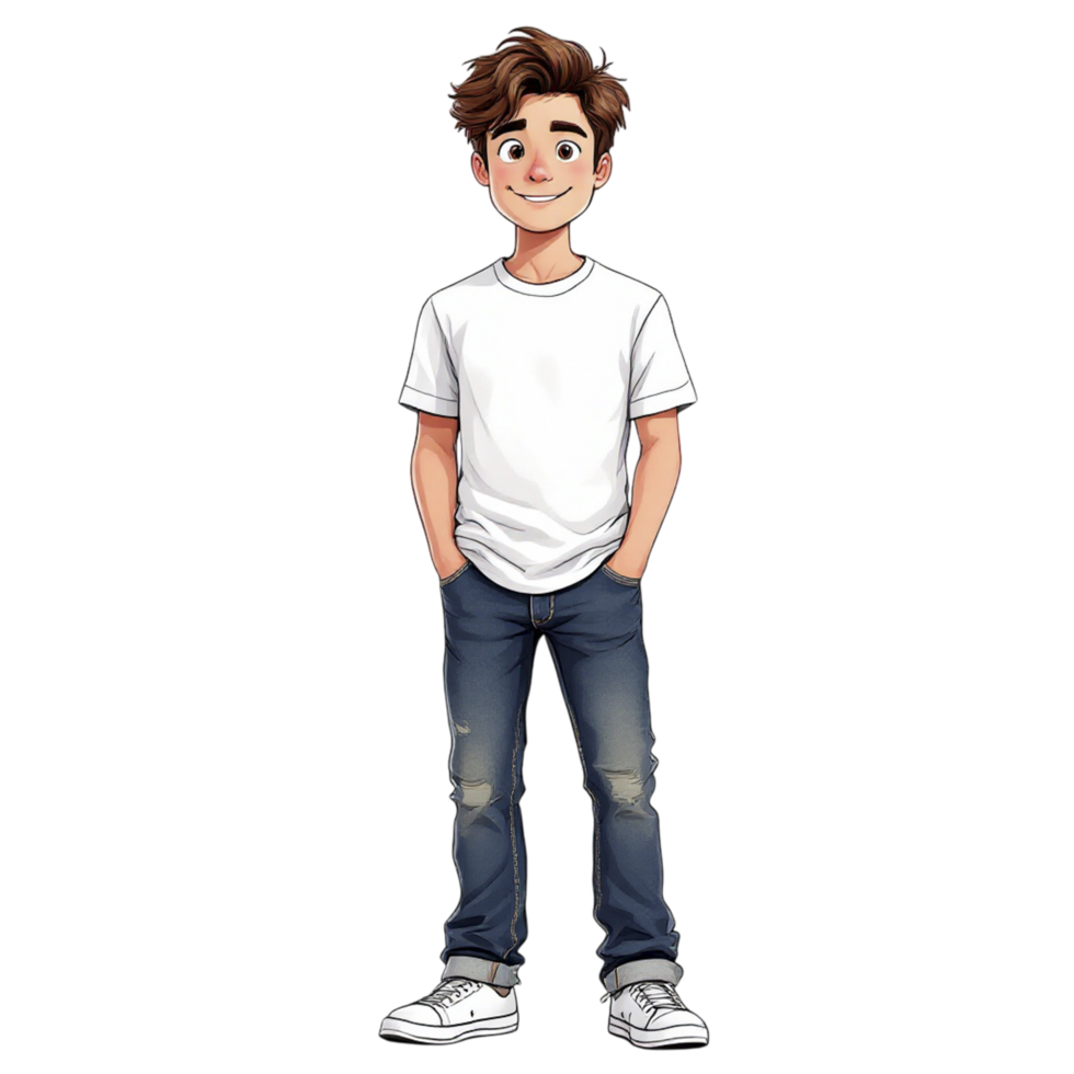 Cartoon boy in jeans and white t - shirt png