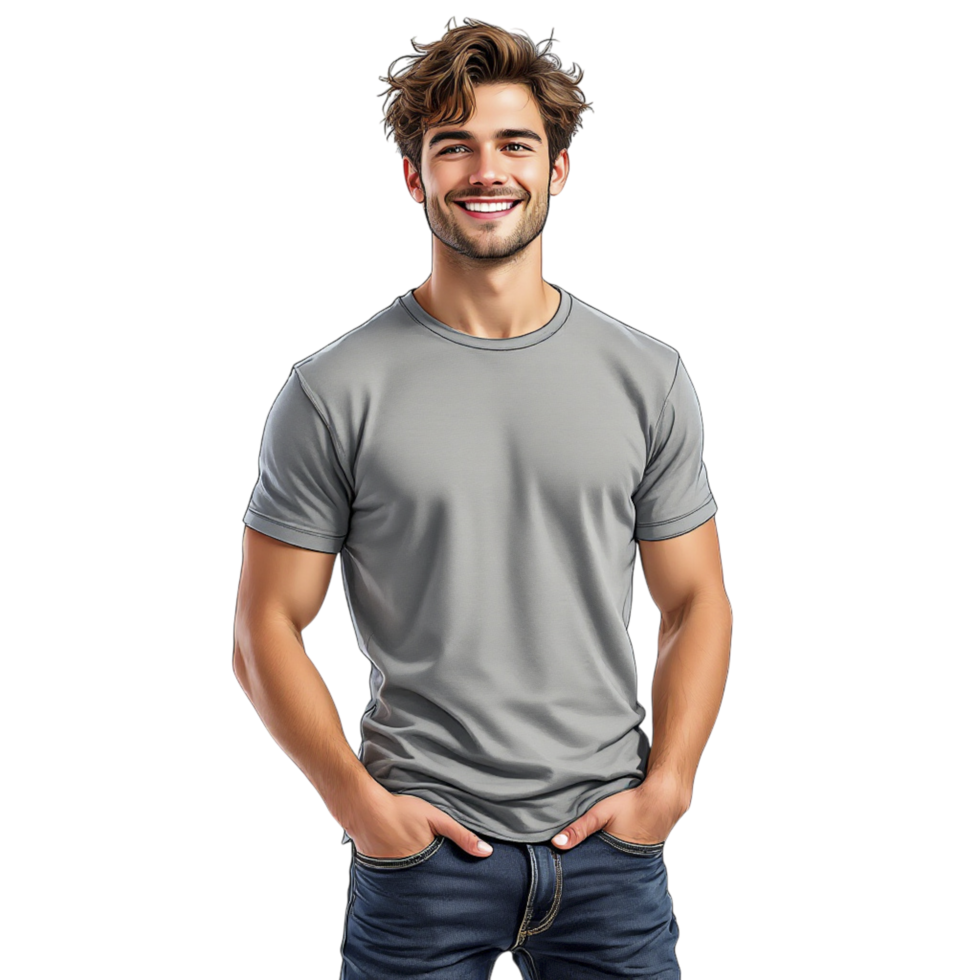 Man in grey t - shirt standing with hands in pockets png