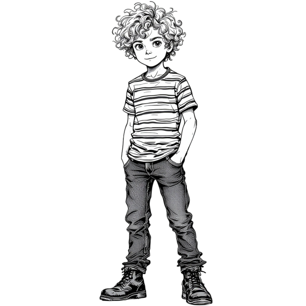 A drawing of a boy with curly hair and a striped shirt png