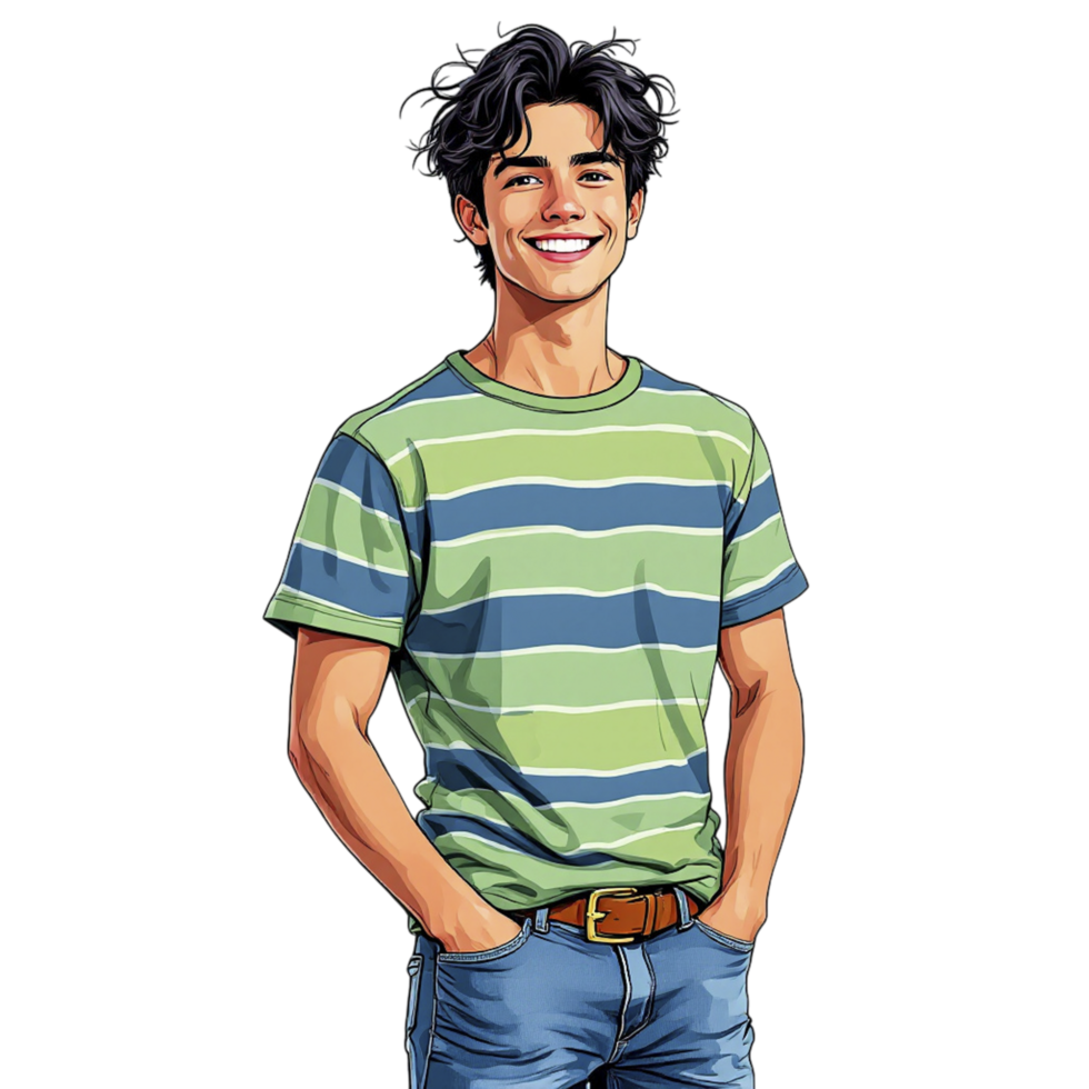 A cartoon illustration of a young man in a striped shirt png
