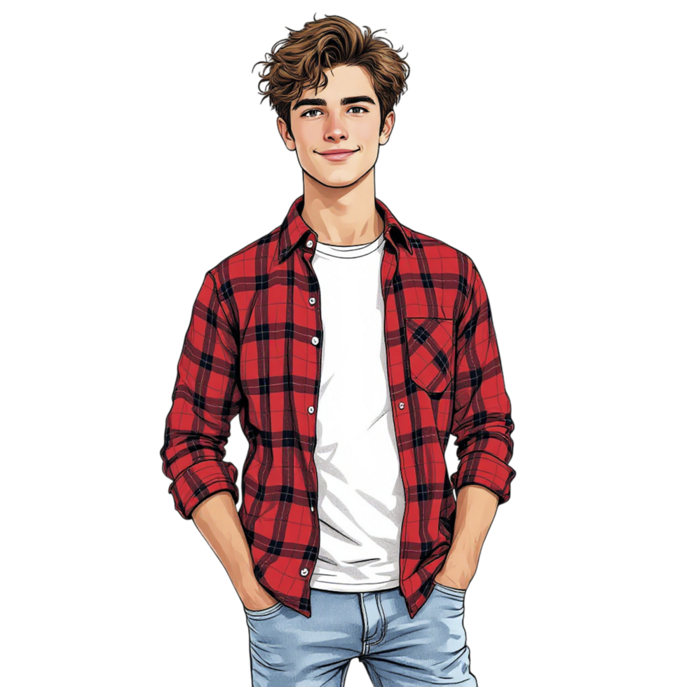 A cartoon illustration of a young man in a red plaid shirt png