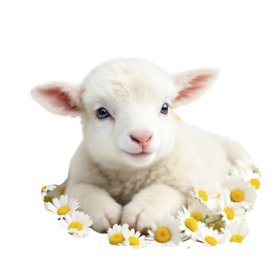 A baby lamb is surrounded by daisies png