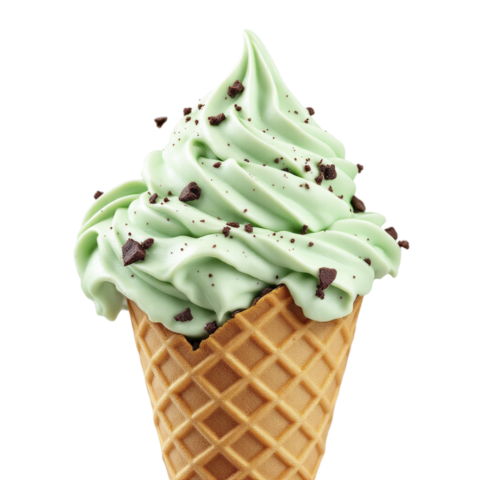 An ice cream cone with green frosting and chocolate chips png