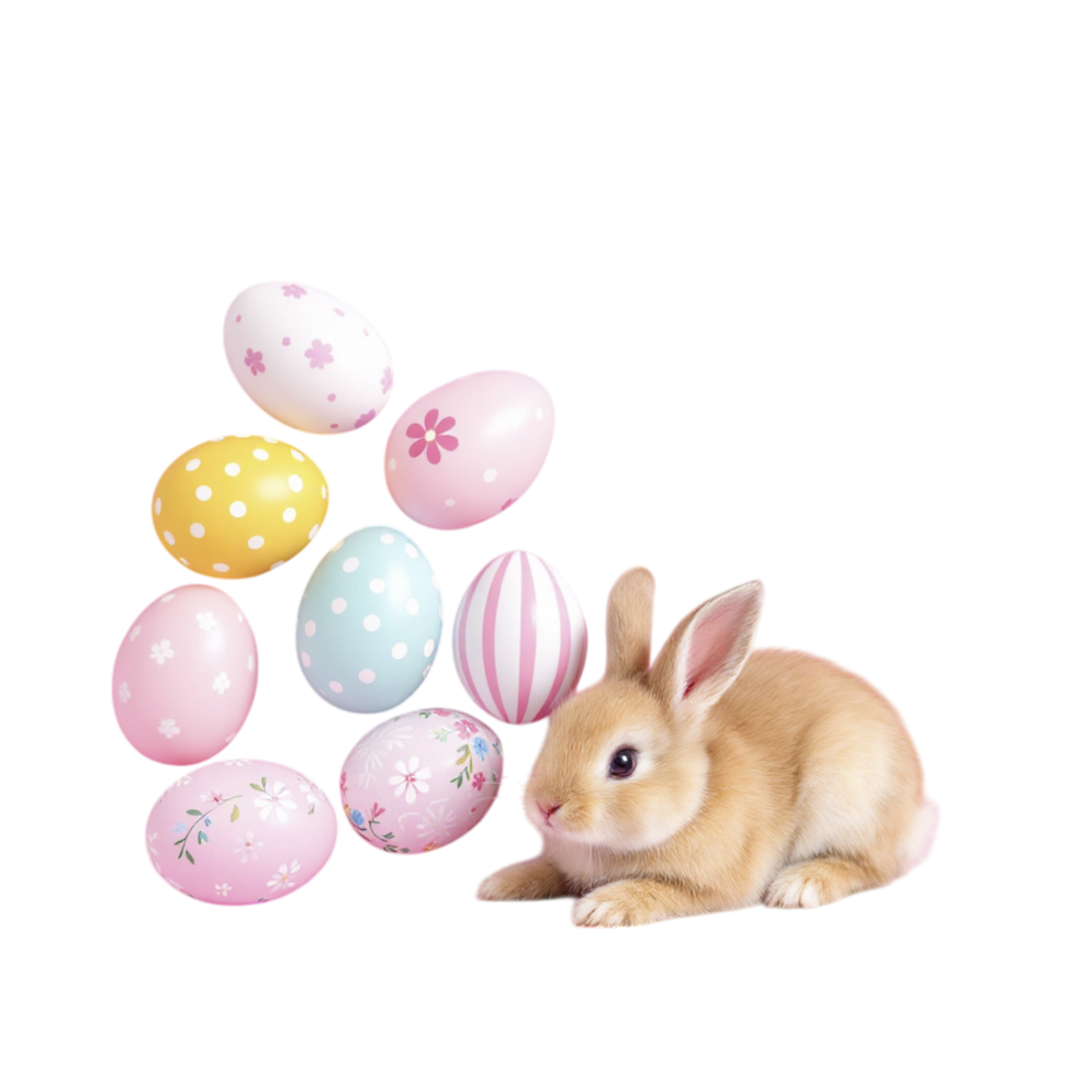 A rabbit is sitting next to a pile of easter eggs png