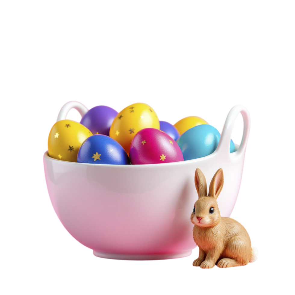 A bowl filled with colorful eggs and a rabbit png