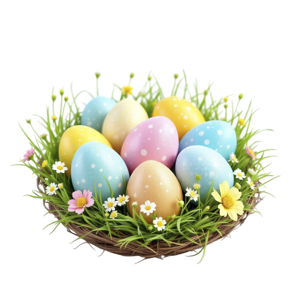 Easter eggs in a basket with grass and daisies png