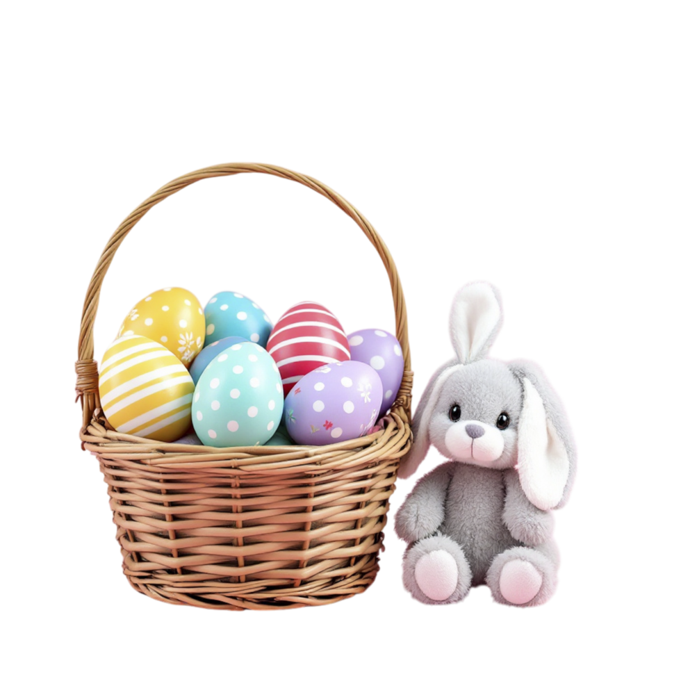 Easter basket with easter eggs and a stuffed rabbit png