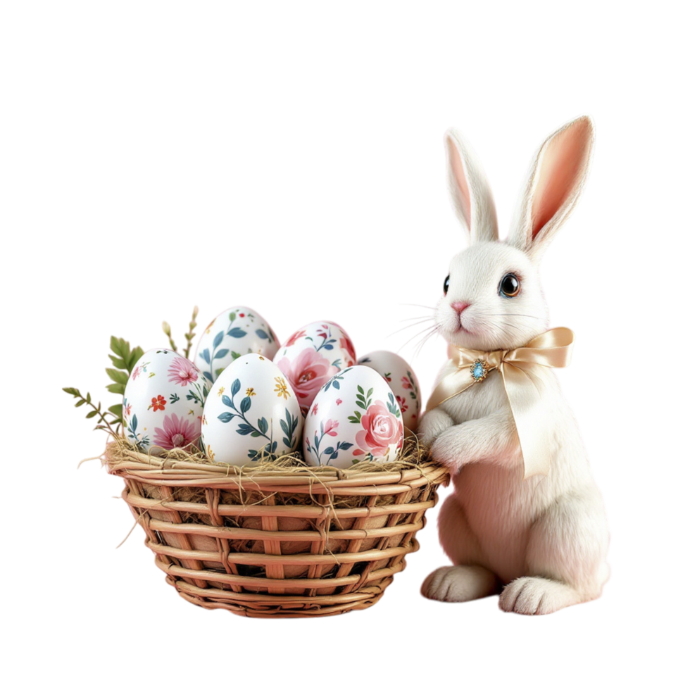 A white rabbit with a bow and basket of eggs png