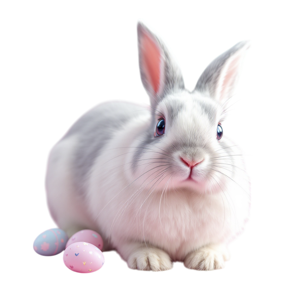 A white rabbit with pink eggs around it png