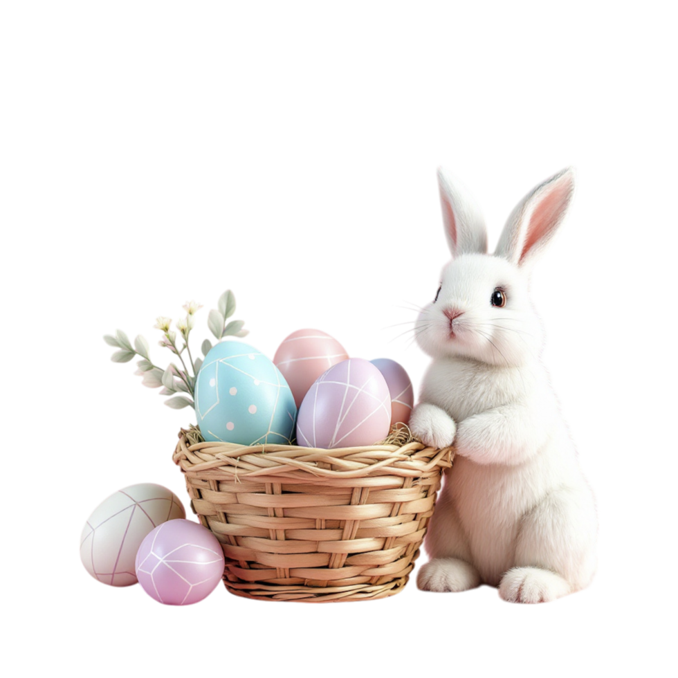 A white rabbit sitting next to a basket with eggs png