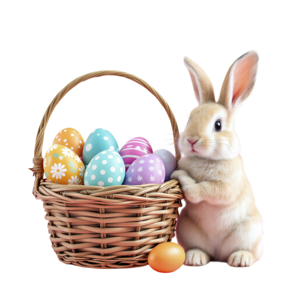 A rabbit is holding a basket with colorful eggs png