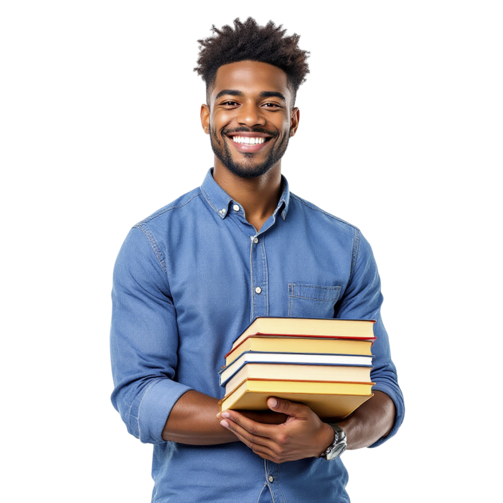 A smiling young man holding a stack of books png