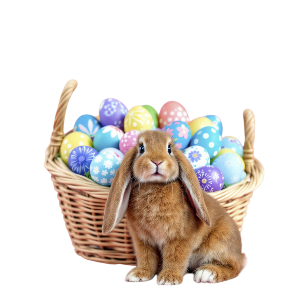 A brown rabbit sitting in a basket with a bunch of colorful eggs png