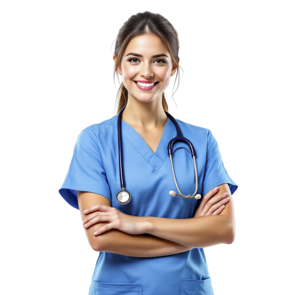 A woman in a blue scrub suit is smiling png