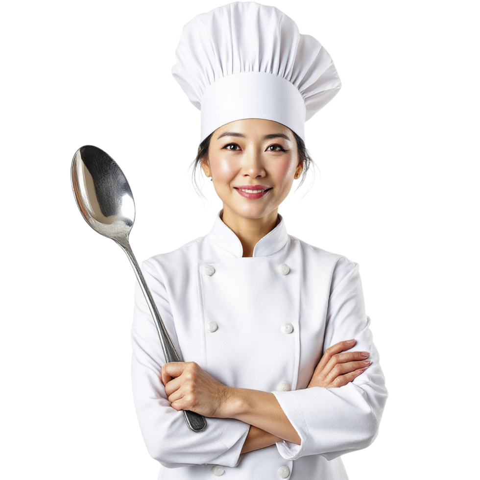 A woman in a chef's uniform holding a spoon png