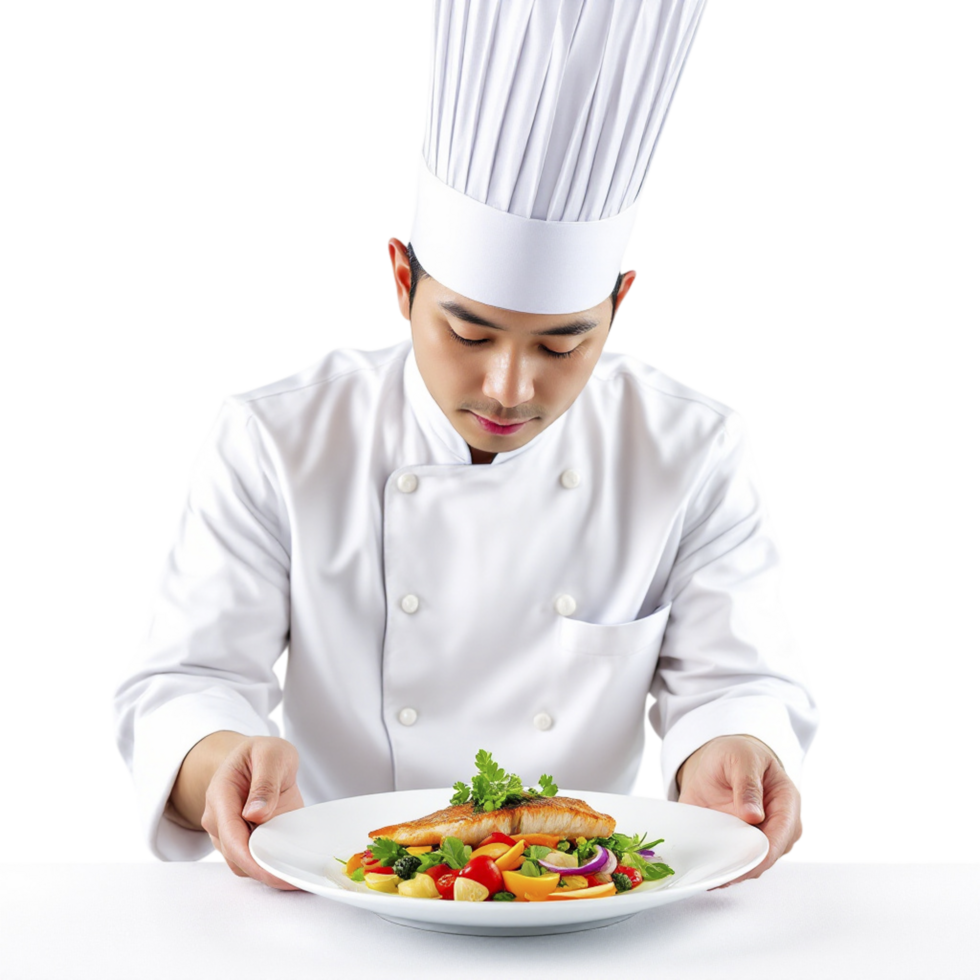 A male chef holding a plate with a salad png