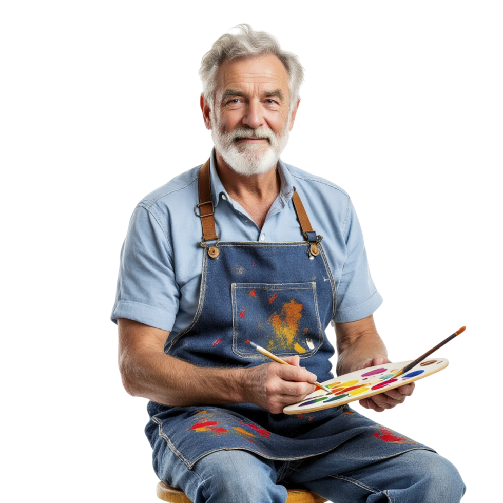 An older man with a beard and apron holding a paintbrush and palette png