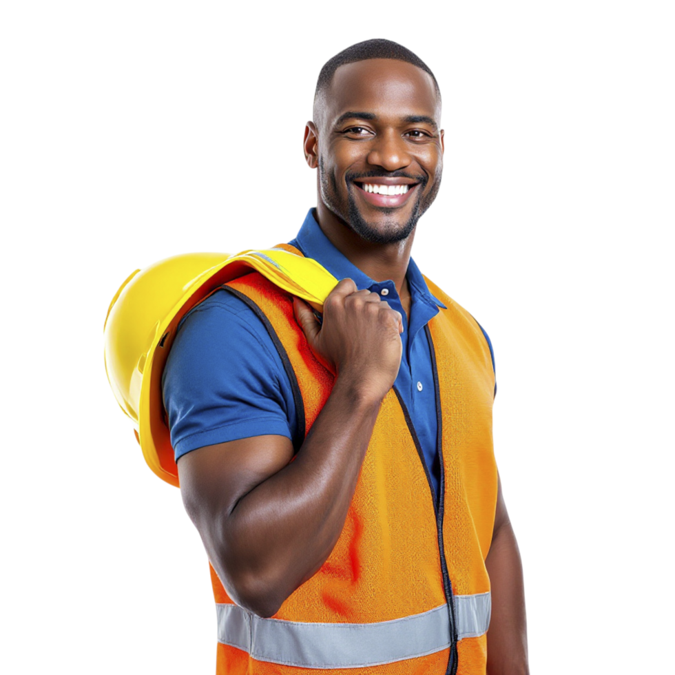 A smiling black man in an orange vest and hard hat png