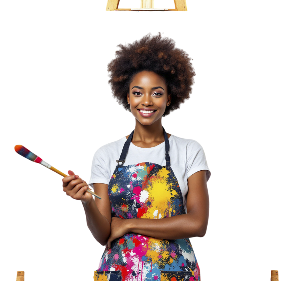 A woman in an apron holding a paintbrush and a paintbrush png