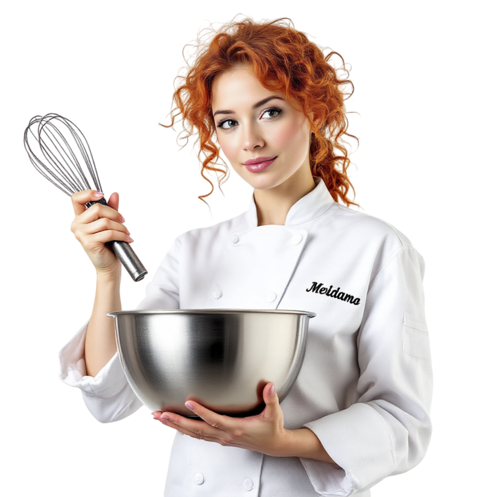 A woman in a chef's uniform holding a bowl and whisk png