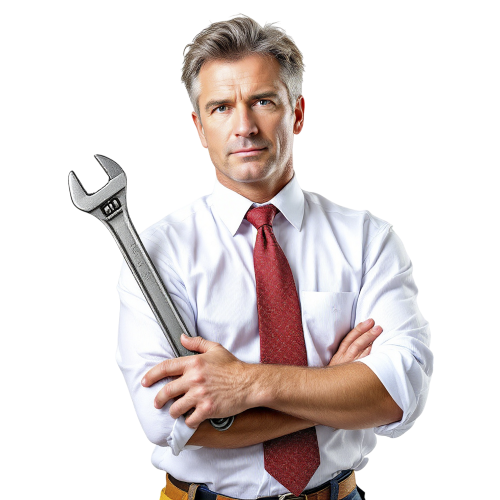A man in a shirt and tie holding a wrench png