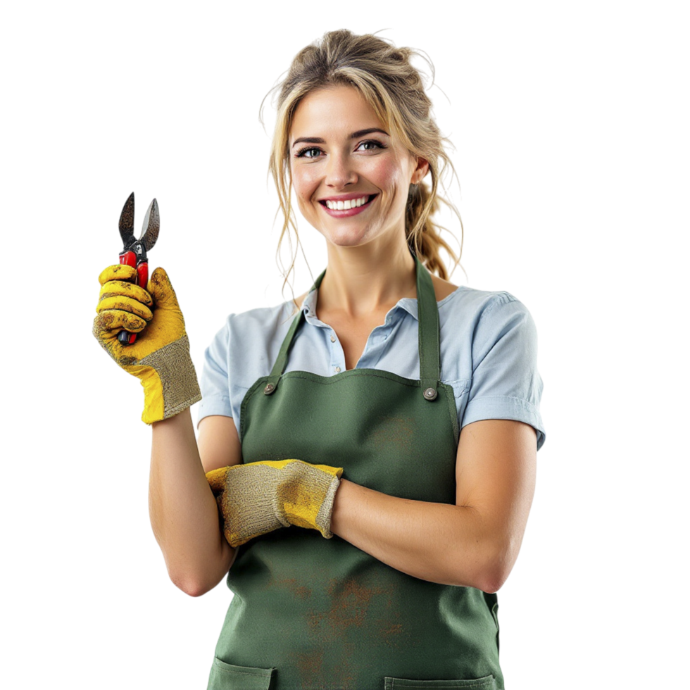 A woman in an apron holding a pair of scissors png