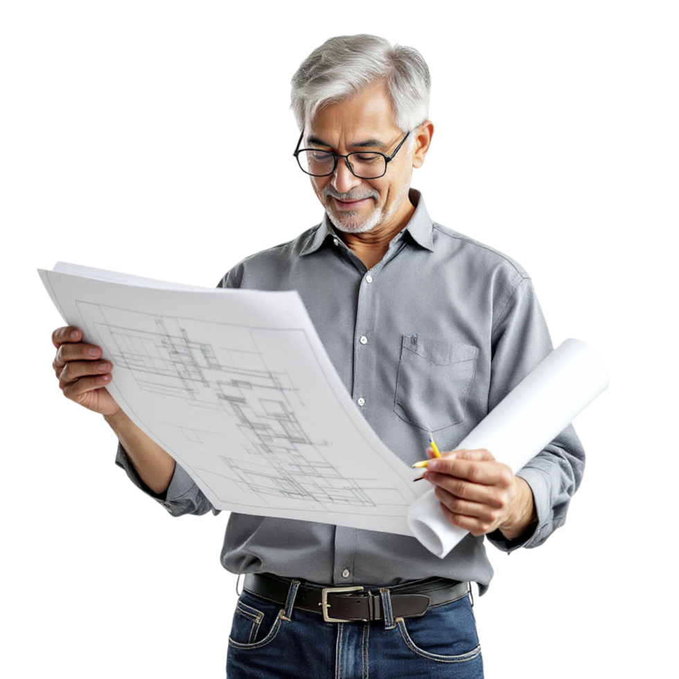 A man holding a blueprint and looking at it png