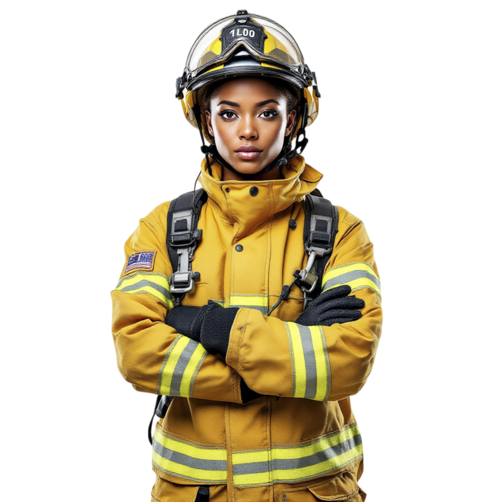 A woman in a fireman's uniform standing with her arms crossed png