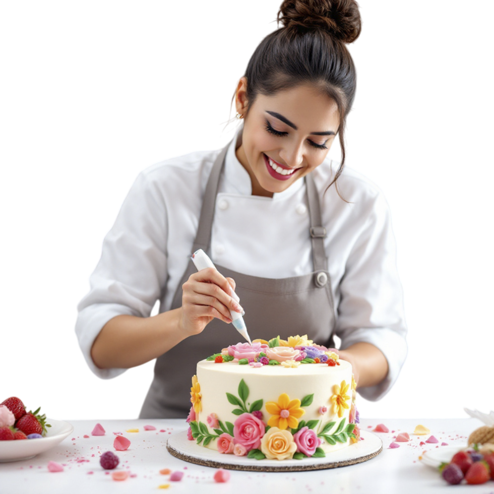A woman in a chef's uniform is cutting a cake png