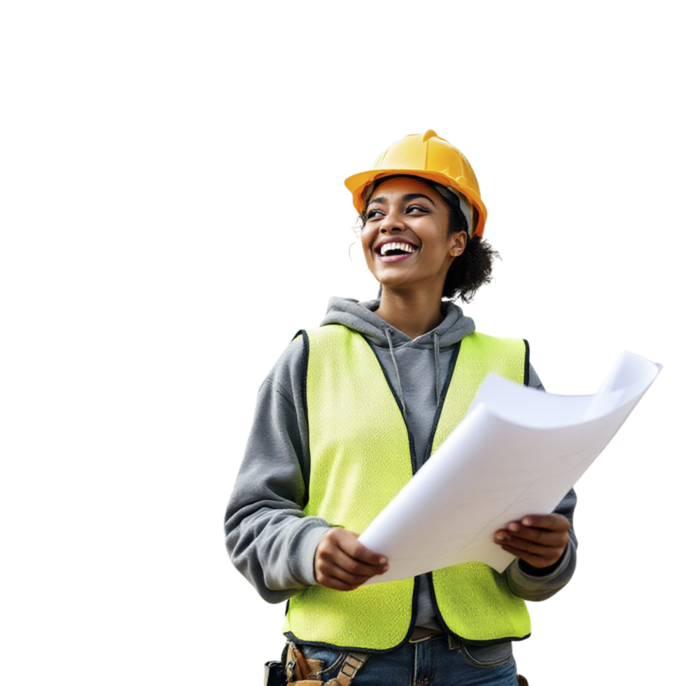 A woman in a hard hat and vest holding a blueprint png