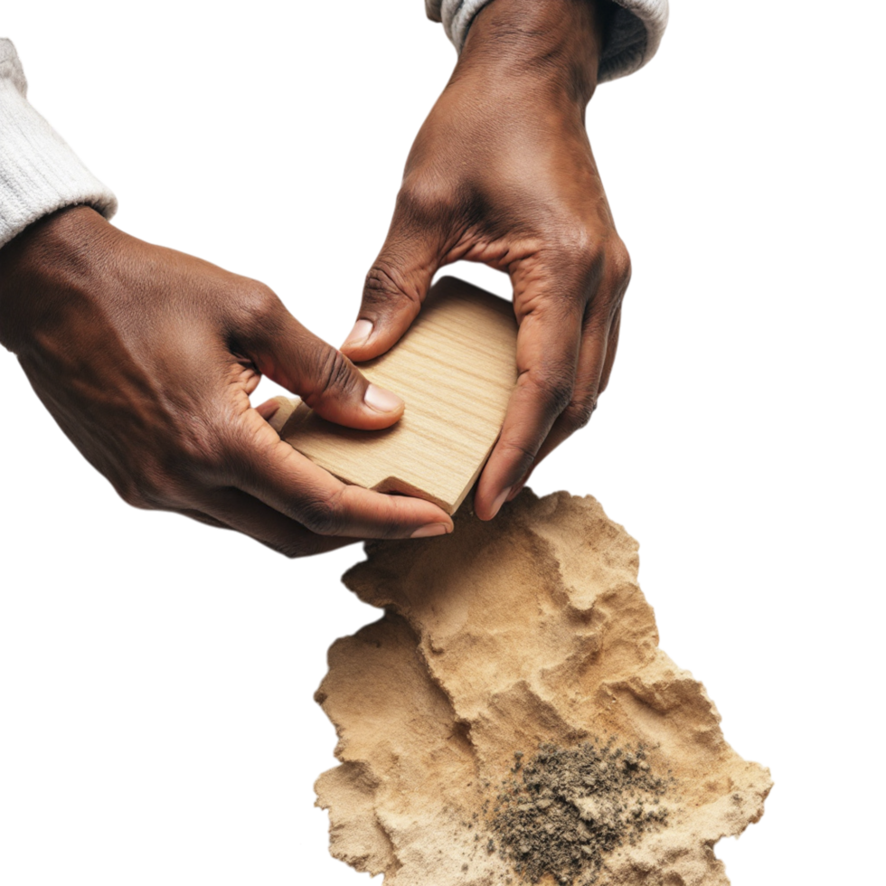 A person holding a piece of wood with a piece of sand png