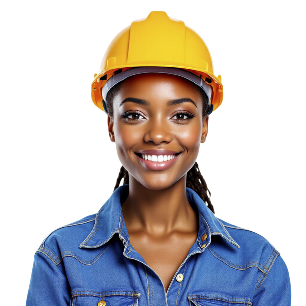 Portrait of a young african woman wearing a hard hat on black background png