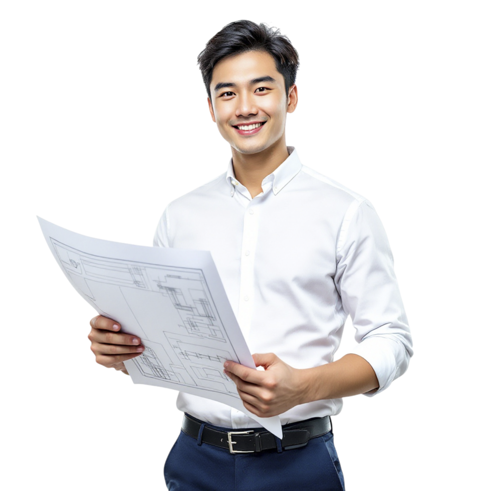 Asian man holding blueprints and smiling png