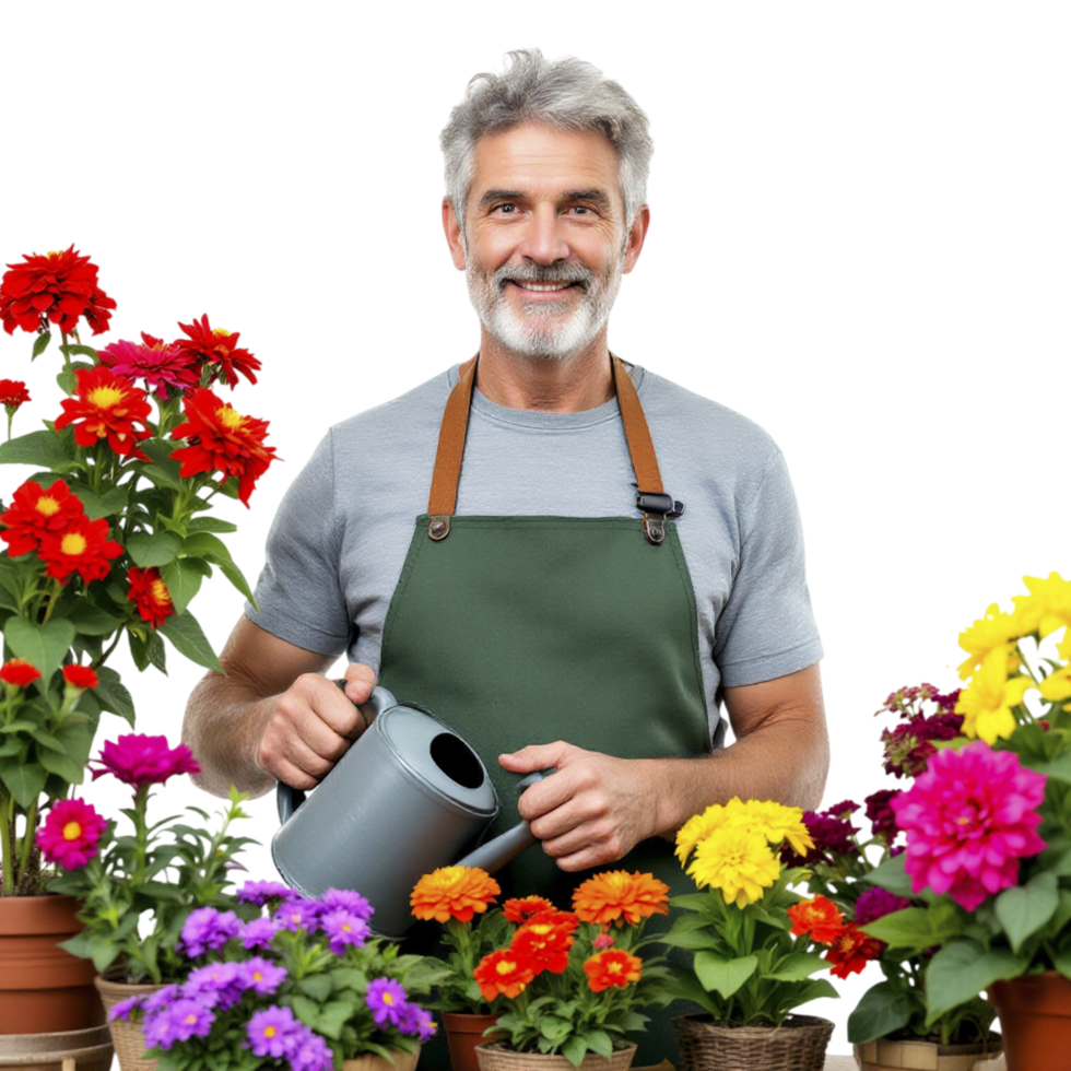 A man in an apron holding a watering can and flowers png