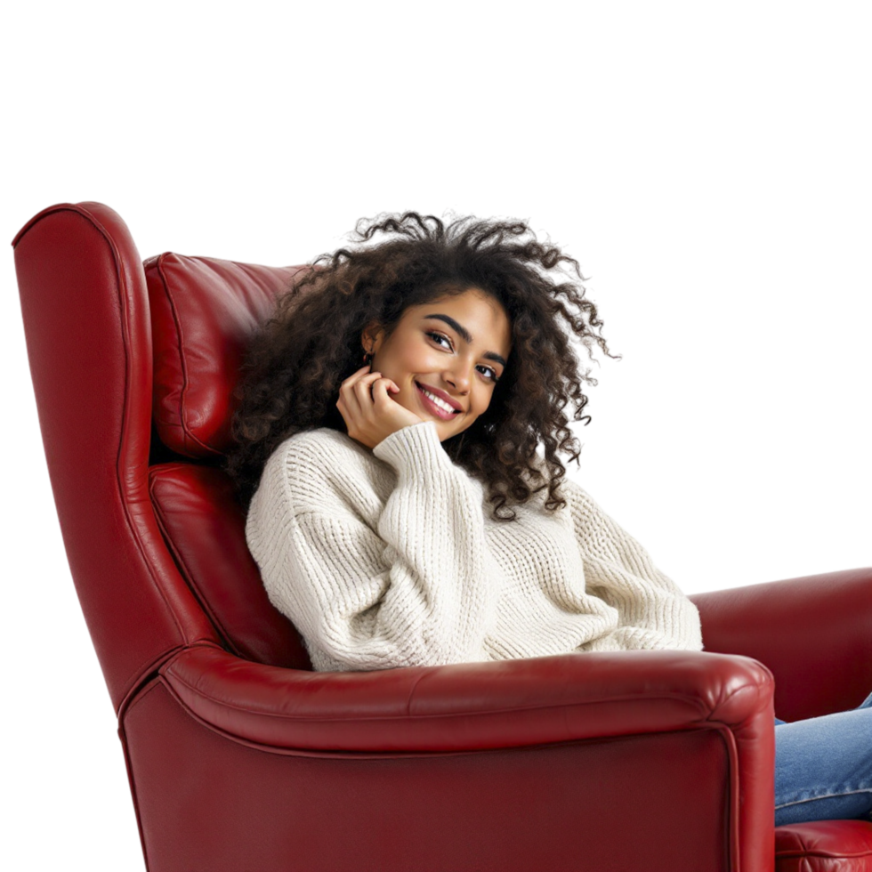 A woman sitting in a red leather recliner png