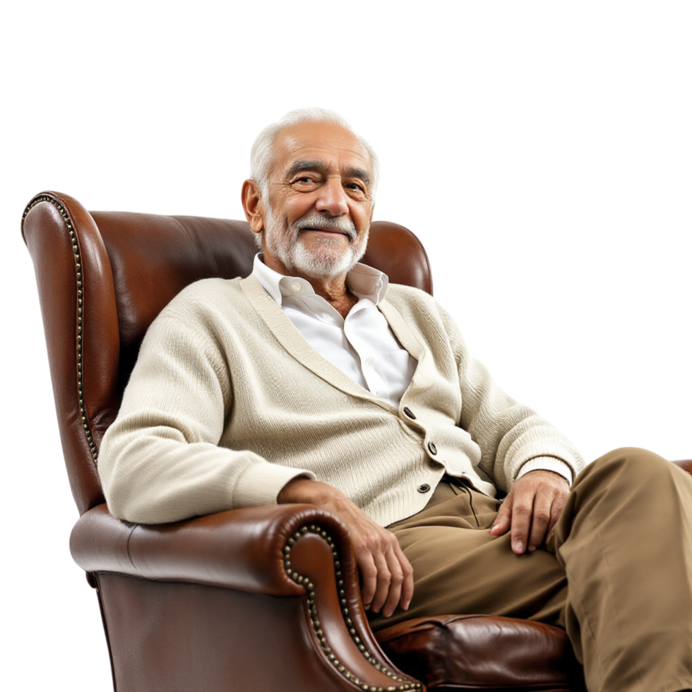 An older man sitting in a chair png