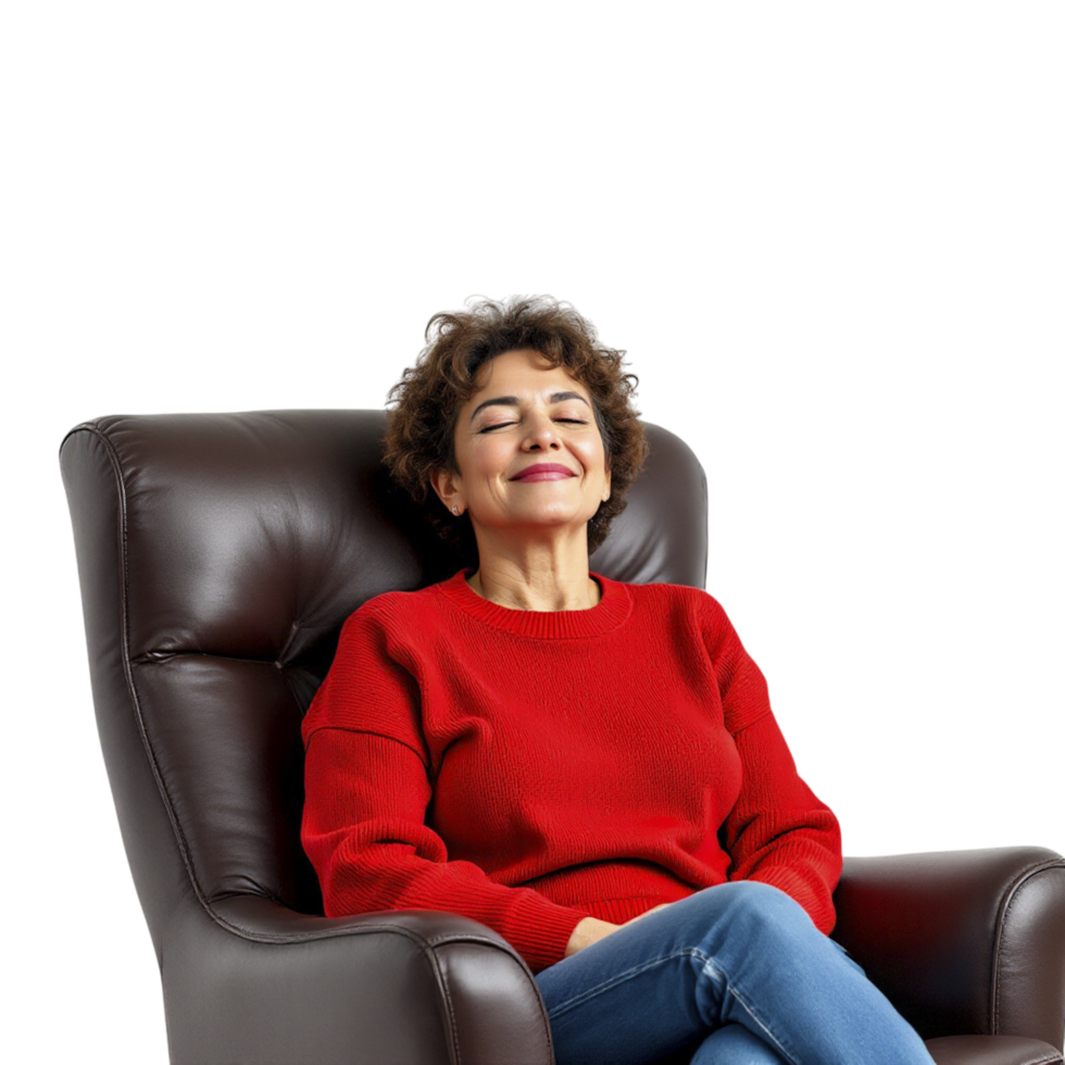 A woman sitting in a chair with her arms crossed png