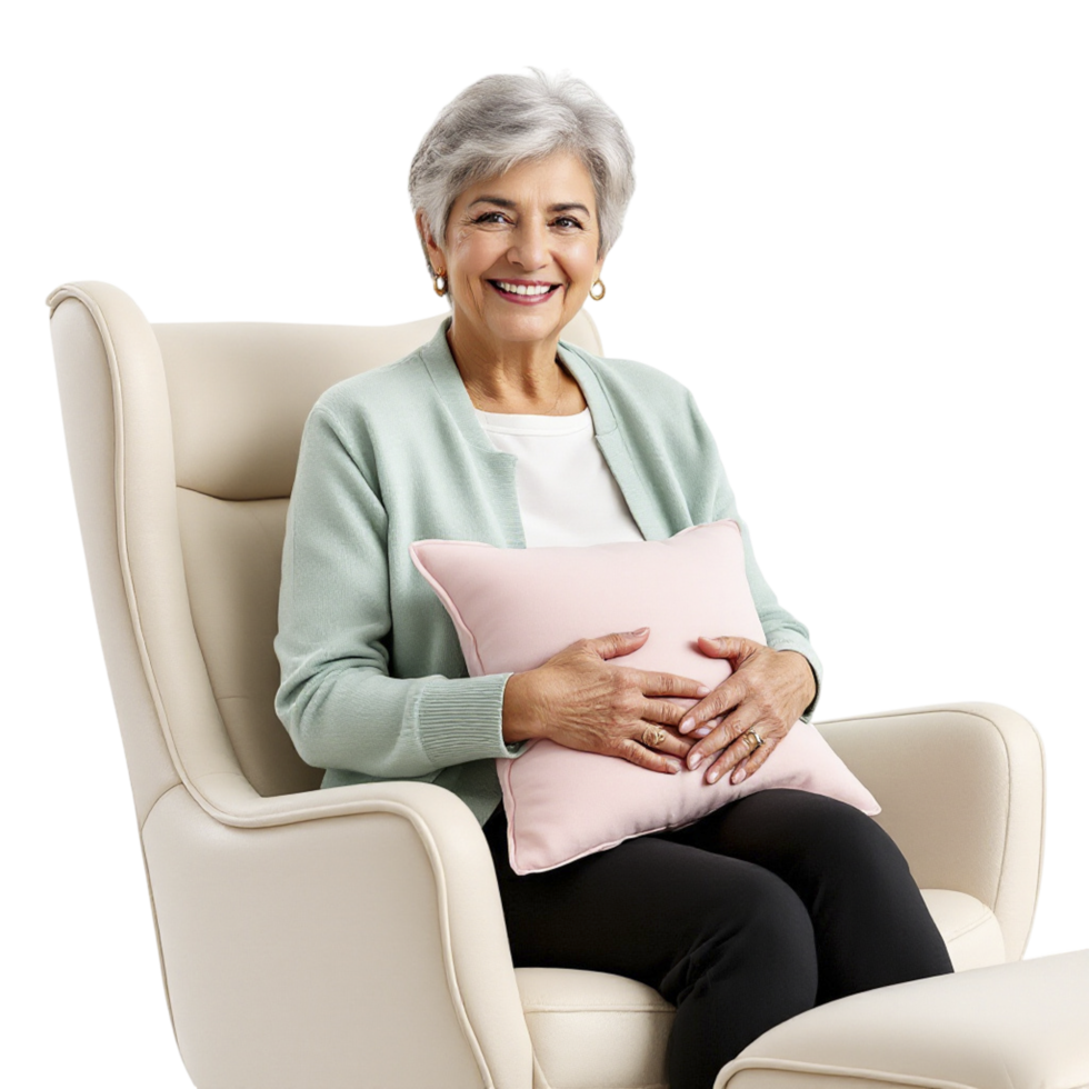 A woman sitting in a chair with a pink pillow png